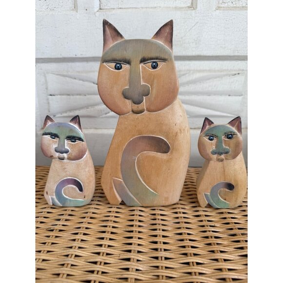 Vintage 80s Laurel Burch Style Folk Art Trio of Cats Hand Painted - Picture 4 of 10